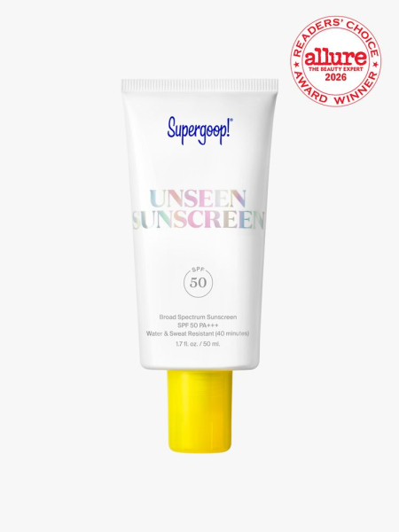 Bottle of Supergoop! Unseen Sunscreen on white background