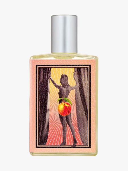 Bottle of imaginary authors first peach of the season with silver cap on light gray background