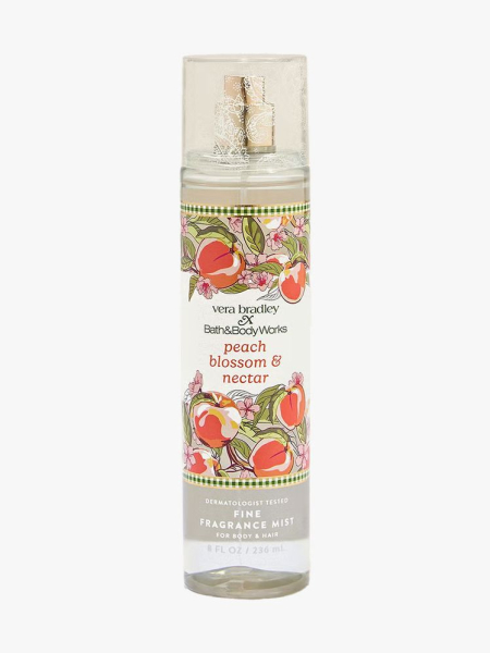Bottle of Bath & Body Works Peach Blossom & Nectar Fine Fragrance Mist on light gray background 