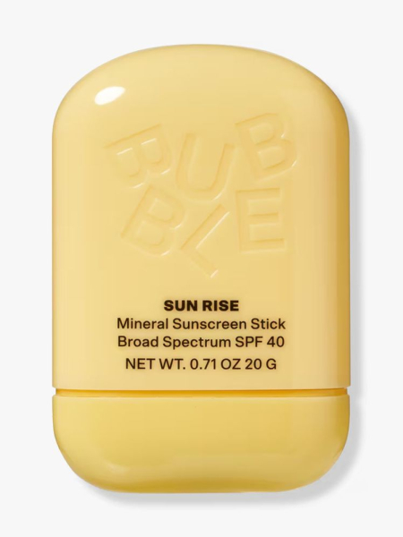 Bubble Sun Rise Mineral Sunscreen Stick Broad Spectrum SPF 40 yellow sunscreen stick on light gray background
