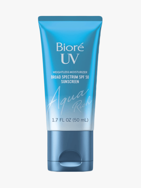Biore UV Aqua Rich Weightless Moisturizer tube component on light gray background