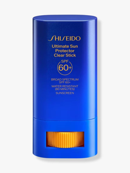 Shiseido Ultimate Sun Protector Clear Stick SPF60+ blue sunscreen stick on light gray background
