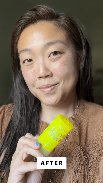 Allure contributing commerce writer Christa Joanna Lee after applying the Supergoop Glow Stick SPF 50